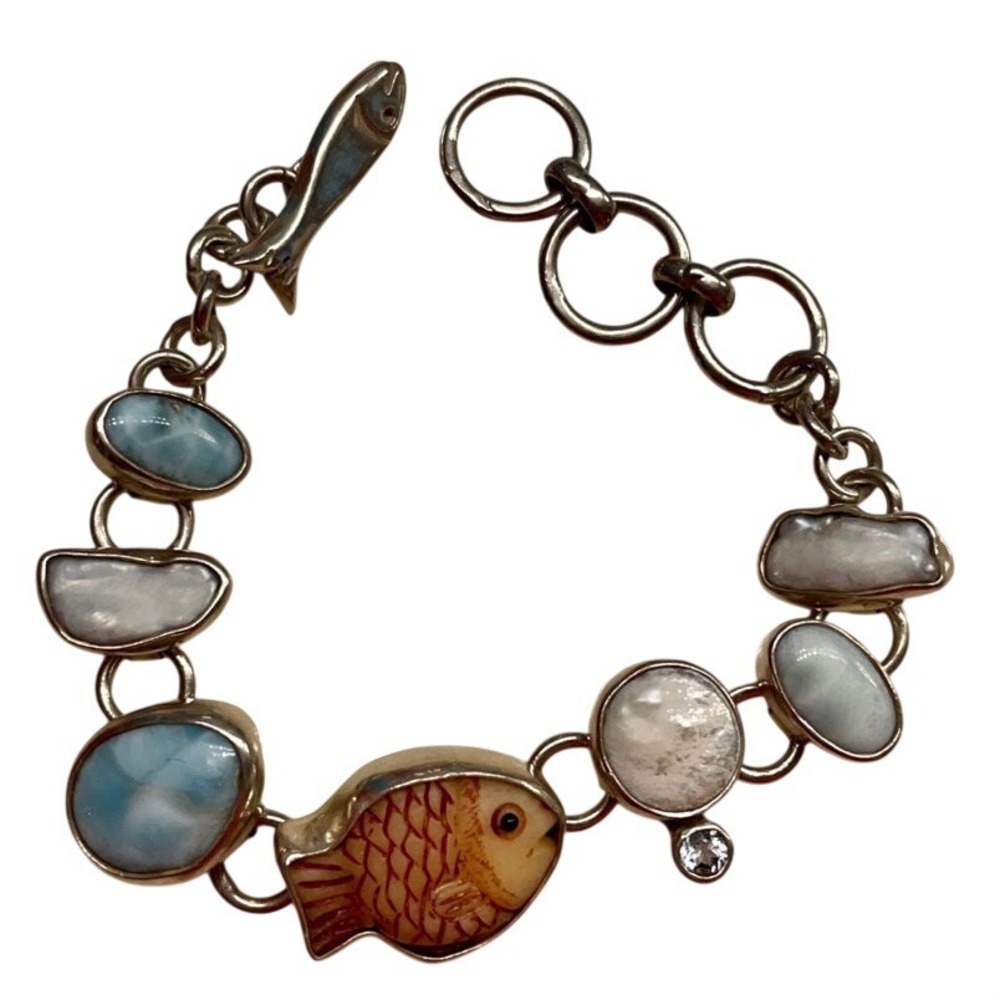 Elligato Sterling Silver Larimar Pearl Fish Link Toggle Bracelet Nautical 8in
